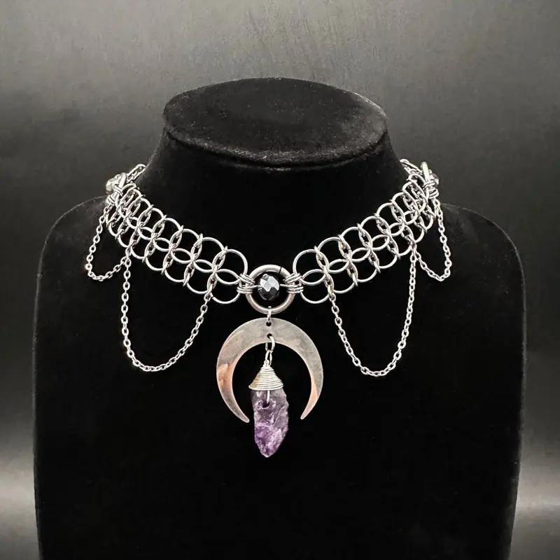 Amethyst Crescent Moon Chainmail Choker & Earrings Set Handmade Jewelry Crystal Pendant Unique Statement Accessory