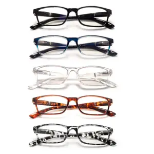 5-Pair Stylish Anti-Blue Light Reading Glasses,Unisex Design. Features spring hinges and lightweight frames for comfortable wear that relieves eye strain. Ideal for computer work, reading, and daily commutes. Makes a perfect holiday gift. Adjustable Clear