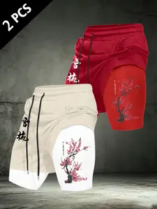 Men's Cherry Blossom Print 2-in-1 Fake Two-Piece Shorts, 2-Pack Japanese Style Compression Lined Gym Shorts, Streetwear Athletic Shorts #CherryBlossomShorts #FakeTwoPieceShorts #JapaneseStreetwear #2in1GymShorts #TikTokMadeMeBuyIt