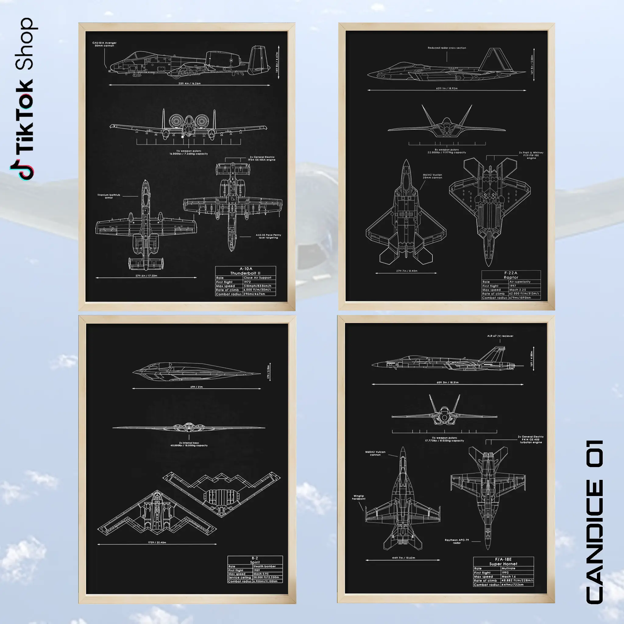 Military Fighter Jets Blueprint Paper Poster - 20 x 30 Elegant US F-22 Raptor, A-10 Thunderbolt, B-2 Spirit, F/A-18 Hornet Graphic Photo, Home Inspo Wall Decor, Home Supplies, Gift