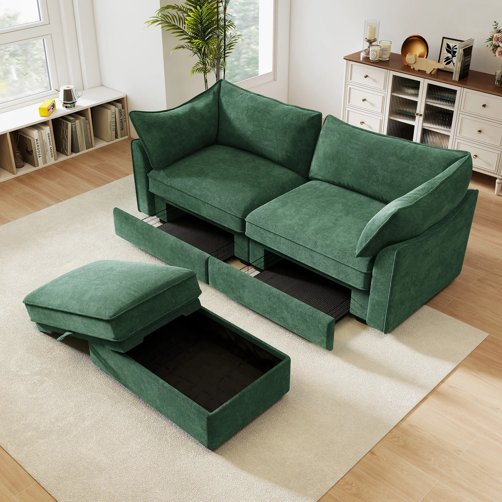 2 Seater Sofa with Movable Ottoman and Storage Drawers, Chenille Green Loveseat Couch with Pull Out Storage Under Each Seat, Living Room Furniture Set with Footrest, Compact 2-Seat Sofa for Small Spaces, Living Room Furniture for Apartment