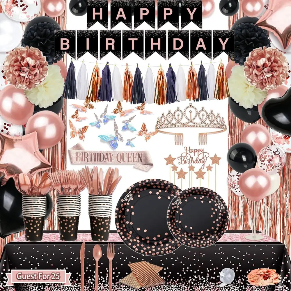 Black & Rosegold Luxury Happy Birthday Decorations Party Setup Kit (295 Pcs) - Female 25-Guest Disposable Dinnerware Set with 7" Plates, 9" Cups, Balloons, Sash, Crown, Banner, Paper Pom Poms, Butterfly Gifts, Cupcake Toppers, Rosegold Fringe Curtain