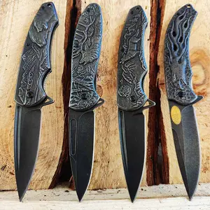 Stonewash 3d Handle Survival Folding Blade Knife, Outdoor Sport Camping Hiking and Fishing Work EDC Collection Knife, Ideal for Christmas Day Gifts