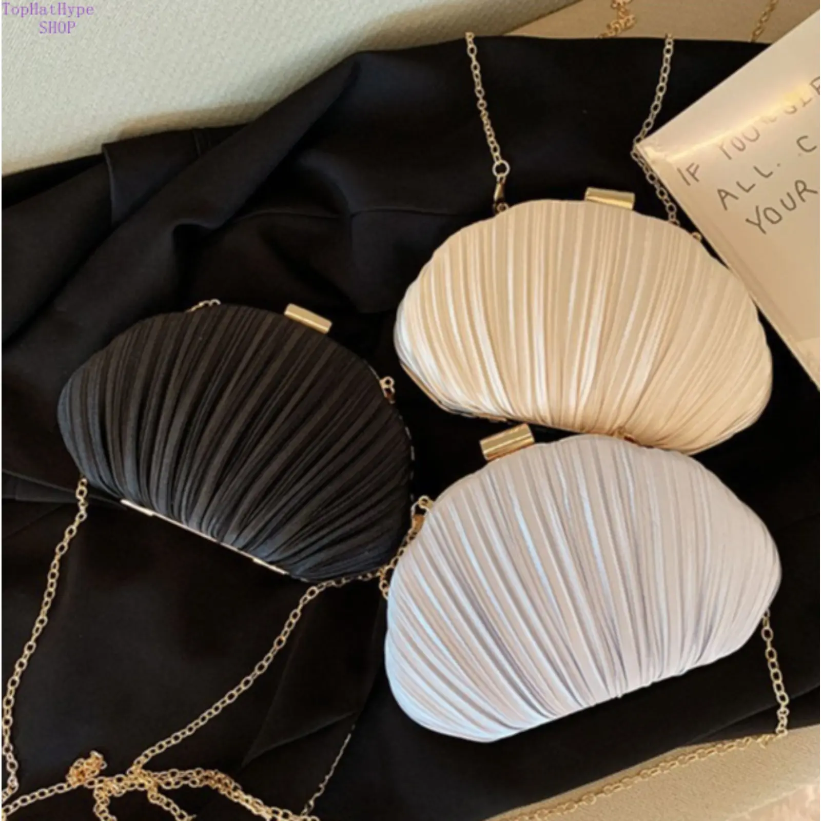 Viral Shell Pleated Evening Clutch Purse, 2026 New Formal Crossbody Bag, Versatile Shoulder Bag for Wedding & Party EventsMini Chain Crossbody Bag,