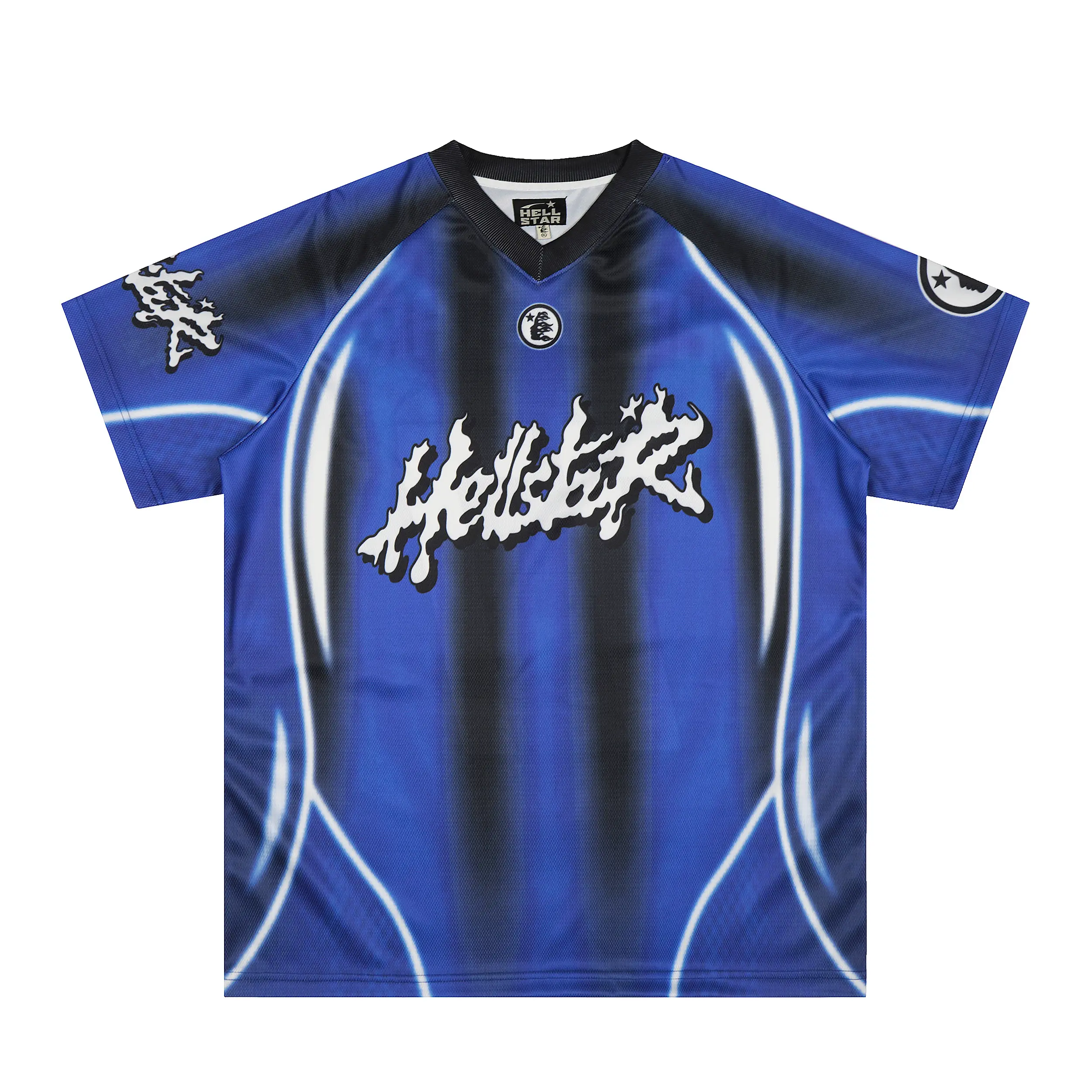 HELLSTAR 77 Blue Black Stripe V-Neck Soccer Jersey | Vintage Y2K Streetwear | Retro Athletic Casual Top