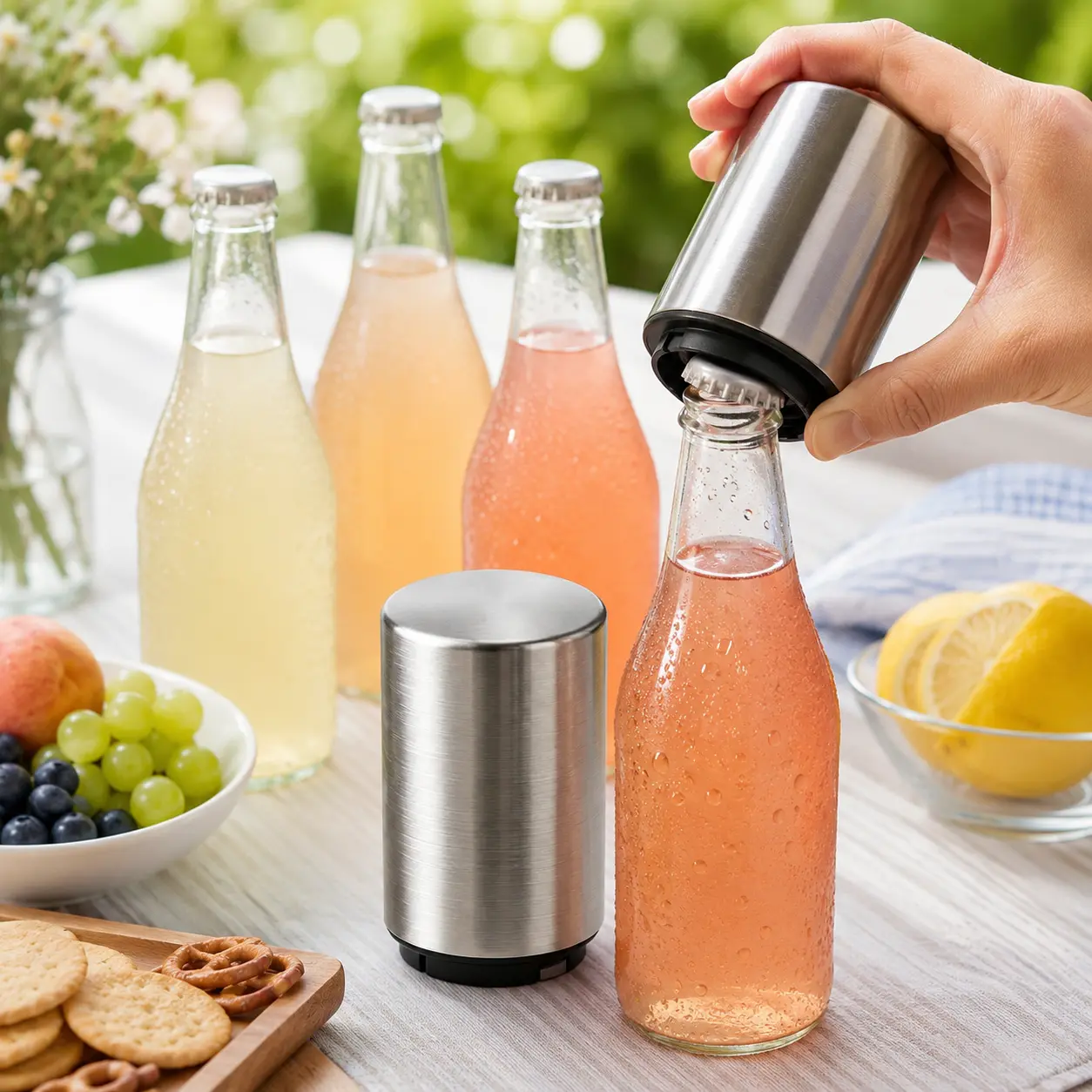 Magnetic Automatic Stainless Steel Beer Bottle Opener Utensil - Push-Down Design, No Cap Escape, Quick-Opening Tool for Kitchen, Home Bar, Utensils