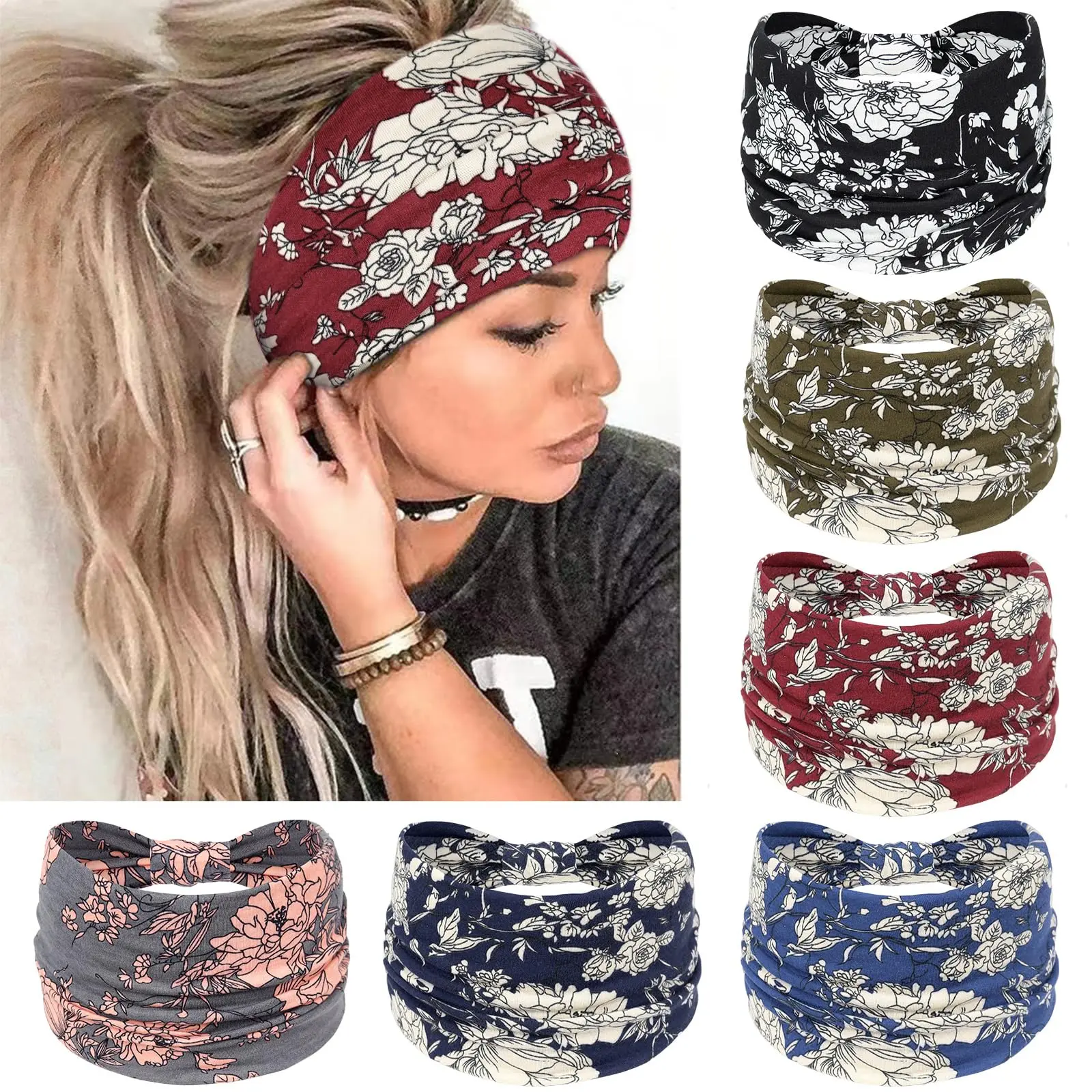 Women's 6-Pack Wide Knotted No-Slip Soft Turban Headbands for Adults, Boho African Solid Color Hair Accessories for Yoga & Workout (Sports Headbands for Outdoor Use), Headband