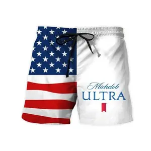 USA Flag Fourth Of July Michelob Ultra Swim Trunks – Patriotic Beer Lover Summer Beach Shorts, American Flag Pool Party Swimwear for Men, Vacation Outfit
