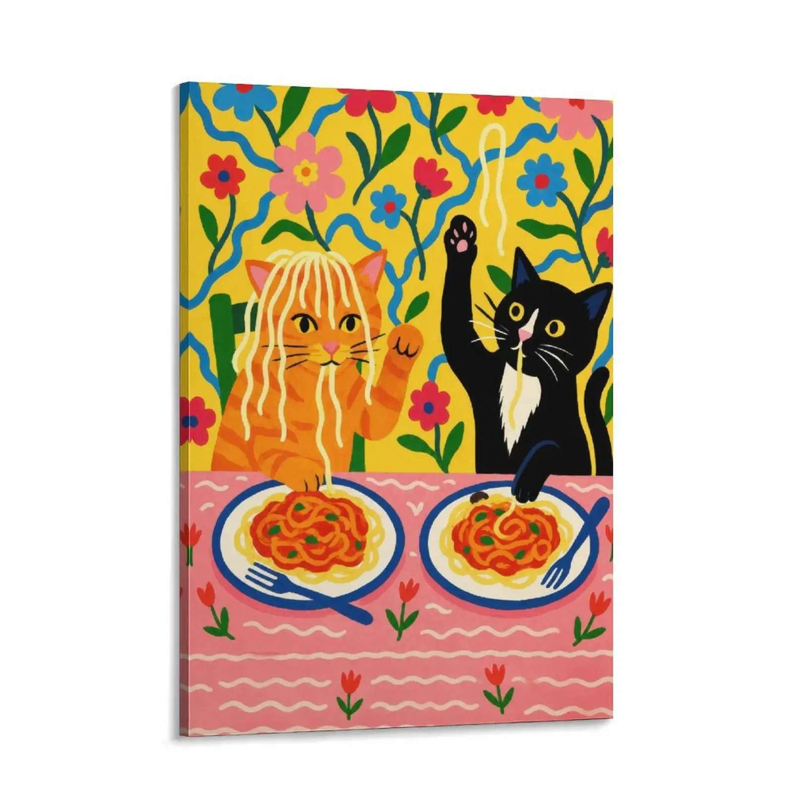 Whimsical Cat Art Print Cats Eating Spaghetti, Playful Kitchen Decor