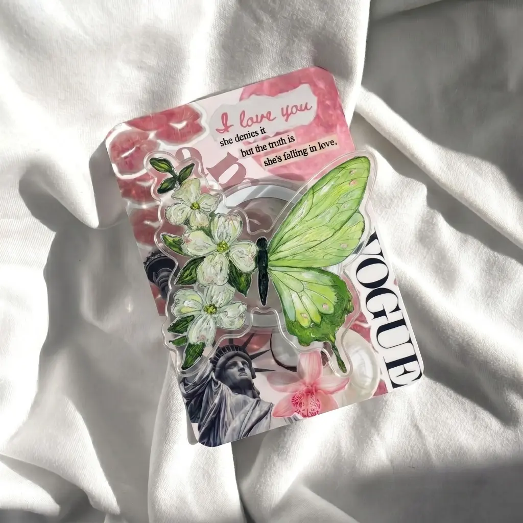 Vintage Floral Butterfly Phone Grip Green Wing Griptok Botanical Phone Holder Cottagecore Aesthetic Phone Stand Acrylic Wildflower Phone Accessory Cute Gift for Kindle Reader