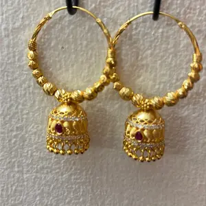 Gold Plated Hoop Earrings with Jhumka in Ad Stone and Ruby Colored Stone Indian Jewelry Punjabi Bali's for Women's Fashion