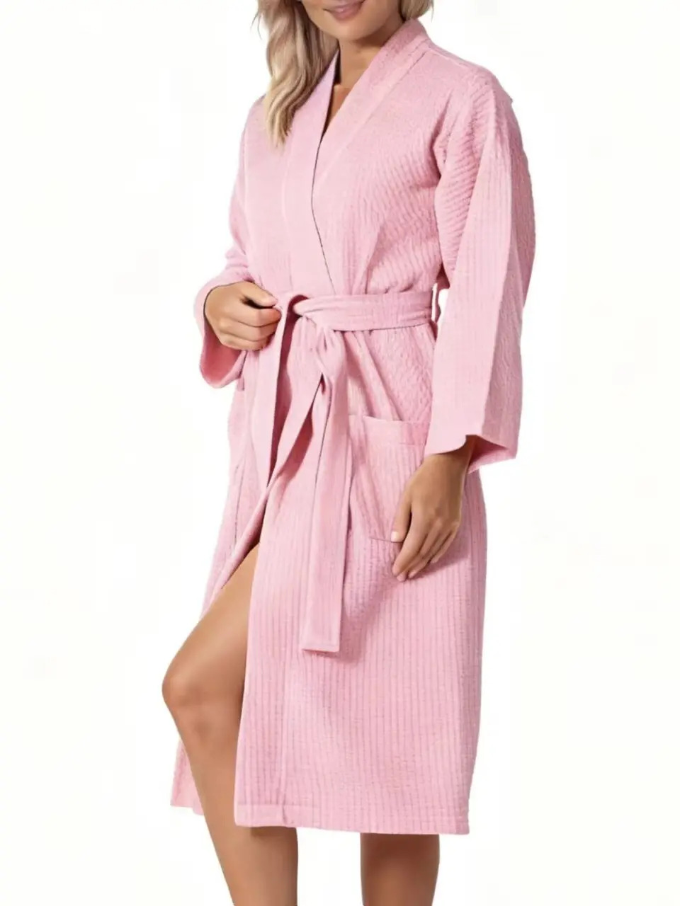 Women Robe – Lightweight V-Neck Women's Kimono Robe, Waffle Knit Long Sleeve Wrap Bathrobe with Belt Tie & Pockets, Soft Comfortable Home Wear, Breathable Loungewear, Cozy Home Loungewear, Stylish Loungewear, Casual Home Clothes, Nightgown Gift