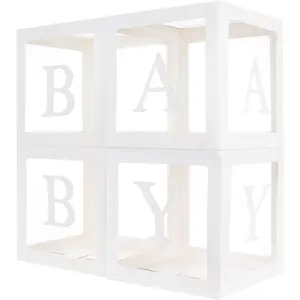 Boxes with 12 Letters for  Shower,  Shower Decorations for Boy Or Girl, 4 count Transparent Balloon Boxes Clear Blocks for 1st Birthday,  Party Supplies Background