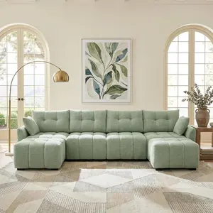 MODERNMATE 142" U-Shaped Oversized Modular Sectional Sofa with Fixed Arms, Extendable Chaise, Cotton Fabric Light Green Chenille, 4-Seat Deep Seat, Pillows for Living Room Home Office
