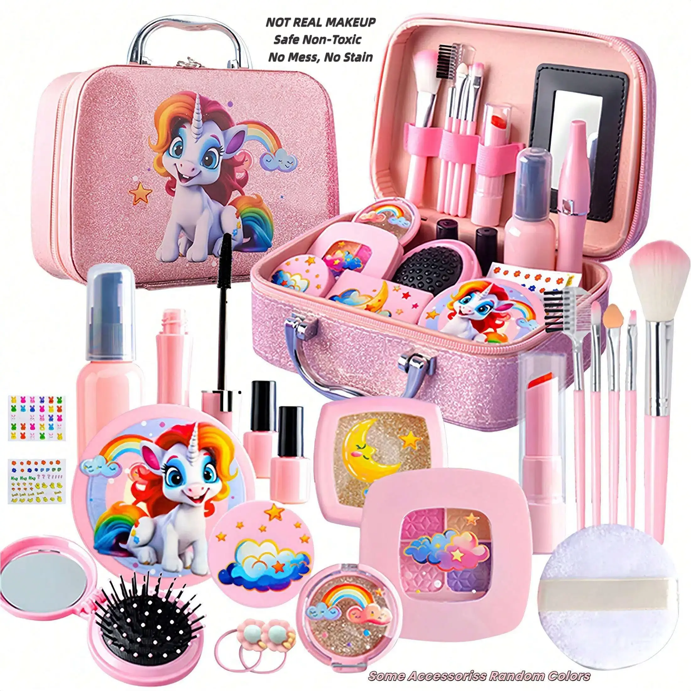 22Pcs Girls' Unicorn Pretend Makeup Set - Child-Sized Fake Play Kit with Pink Unicorn Cosmetic Bag, Mess-Free Toddler Toy, No Real Makeup, Gift Idea for 3+ Little Princess Birthday (Dress-Up & Role Play Toy)
