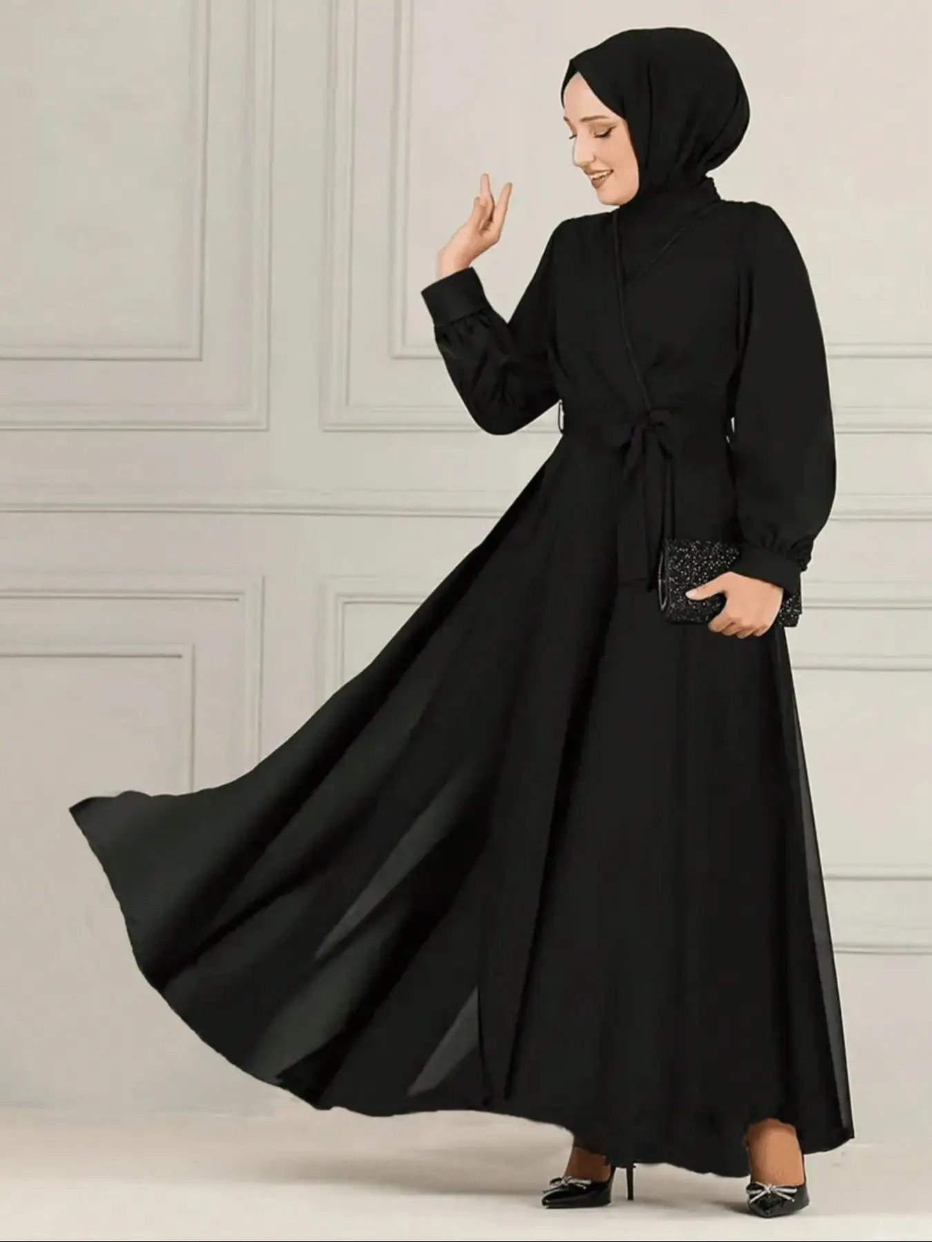 Women's Loose-Fitting Long Chiffon Dress, Casual Two-Layer Arabic Kaftan Gown, Plain Color Maxi Dress for Daily Wear