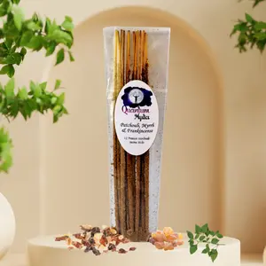 Patchouli, Myrrh & Frankincense Handmade Artisanal Incense Sticks - Set of 12, Bamboo Charcoal