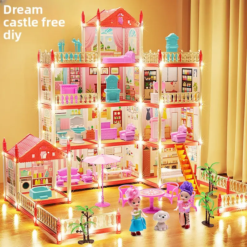 Princess Castle Villa Doll House for 3+ Years Girls, DIY Kit with Doll Bed & Miniature Furniture, Blue with Light Strip, Early Education Pretend Play Playhouse Gift for 6th Birthday, Led Lights