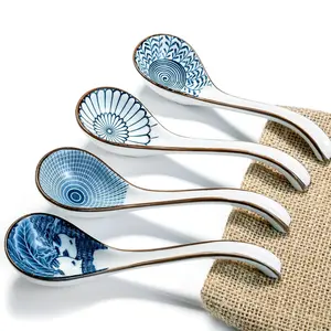 Asian Ceramic Soup Spoon, with Long Handle Easy to Hold, Non-slip Bottom, for Japanese Ramen, Chinese and Vietnamese Wonton, Noodle Soup Spoons