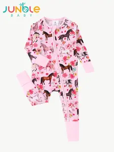 JUNBLEBABY Unisex Bamboo Blend Cotton Baby All-in-1 Crawling Suit - Bamboo Toddler Outfit, Long-Sleeved, Double-Zippered, Reversible Footed Cover, Soft Breathable Fabric, Pony Flowers Print