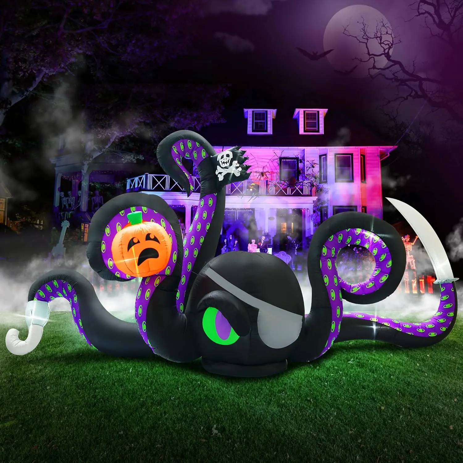 13ft Polyester Halloween Inflatable Giant Spooky Octopus Decor - with Black Pumpkin, Built-in LEDs, Scary Blow Up Ornament for Porch, Lawn