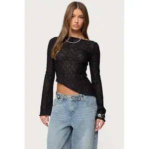 Mare Asymmetric Gem Sheer Lace Top