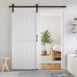 36 x 84 inch White H-Frame Sliding MDF Barn Door with 6.6FT Black Sliding Door Hardware Kit & Handle, Pre-Drilled Ready to Assemble, Waterproof PVC Coating