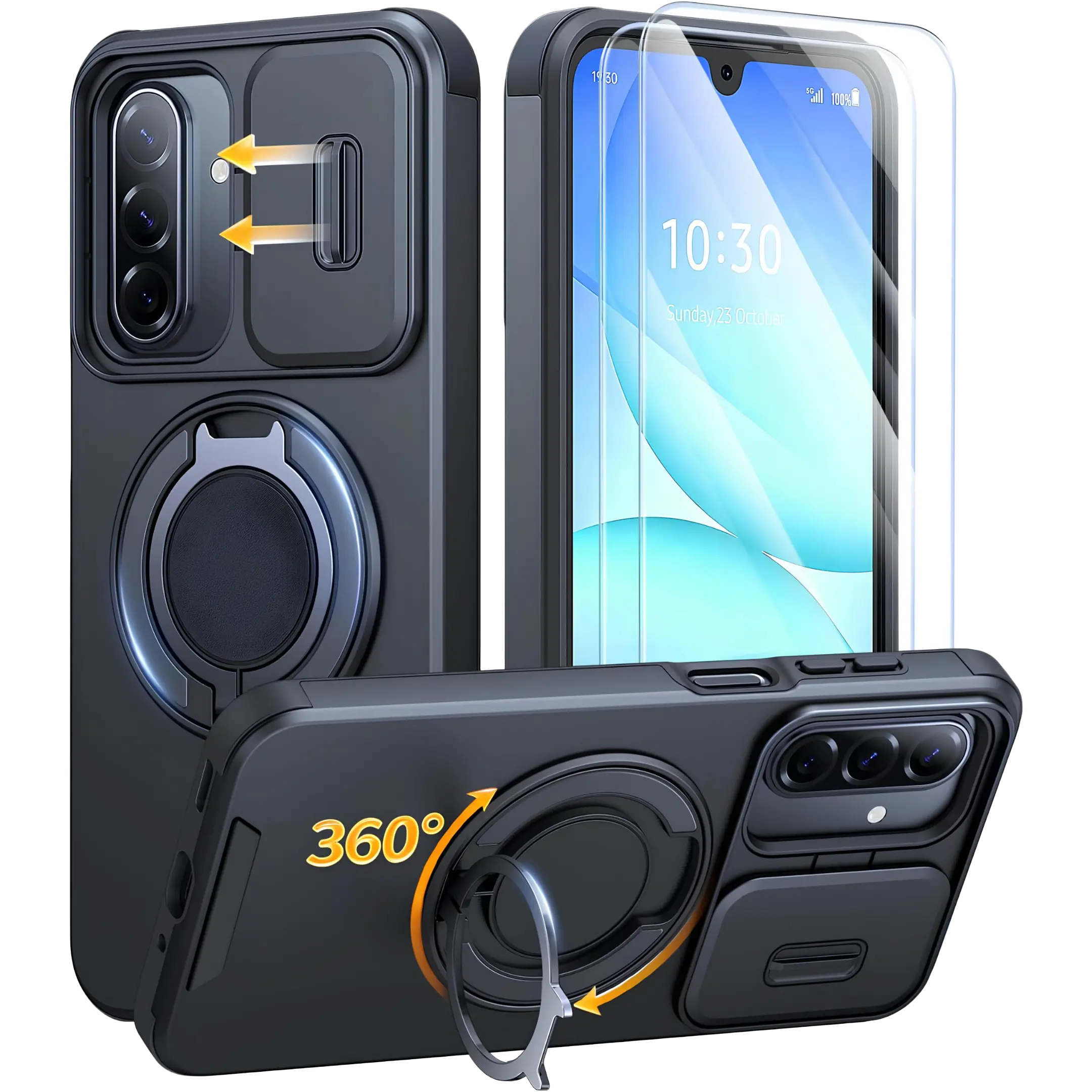 Heavy Duty Solid Smartphone Casing for Samsung Galaxy A16 A17 A36 A37 A56 A57 5G Cellphone Devices, Polycarbonate Dual-Layer Shockproof Magnetic Cover with Ring Kickstand, Slide Camera Cover, 2-Pack Handheld Screen Protectors, Accessories, Protection