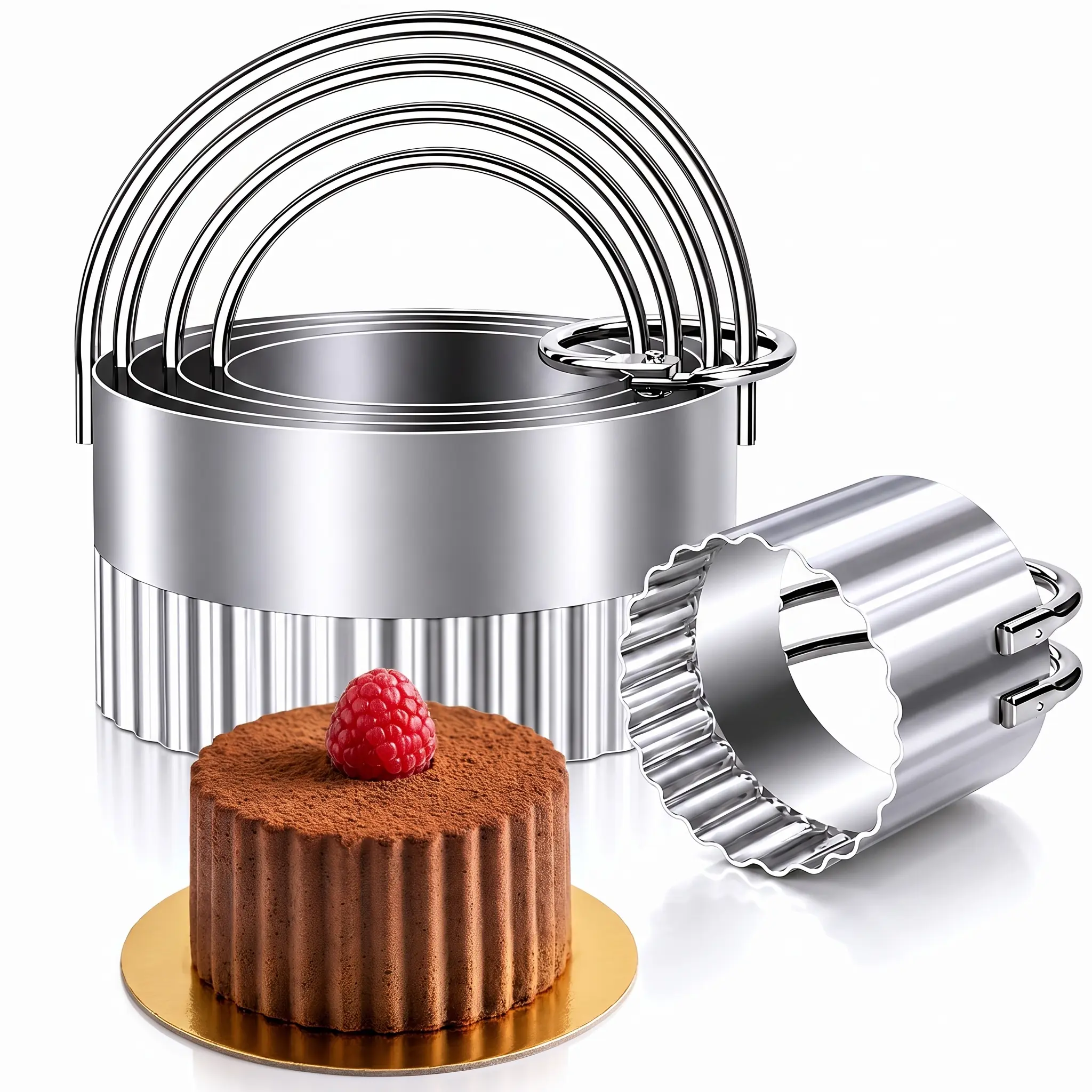Biscuit Cutter Set Wave Cookie Cutters with Handle 5 Pieces Stainless Steel Professional Baking Dough Tools for Cake, Mini Flan Mold