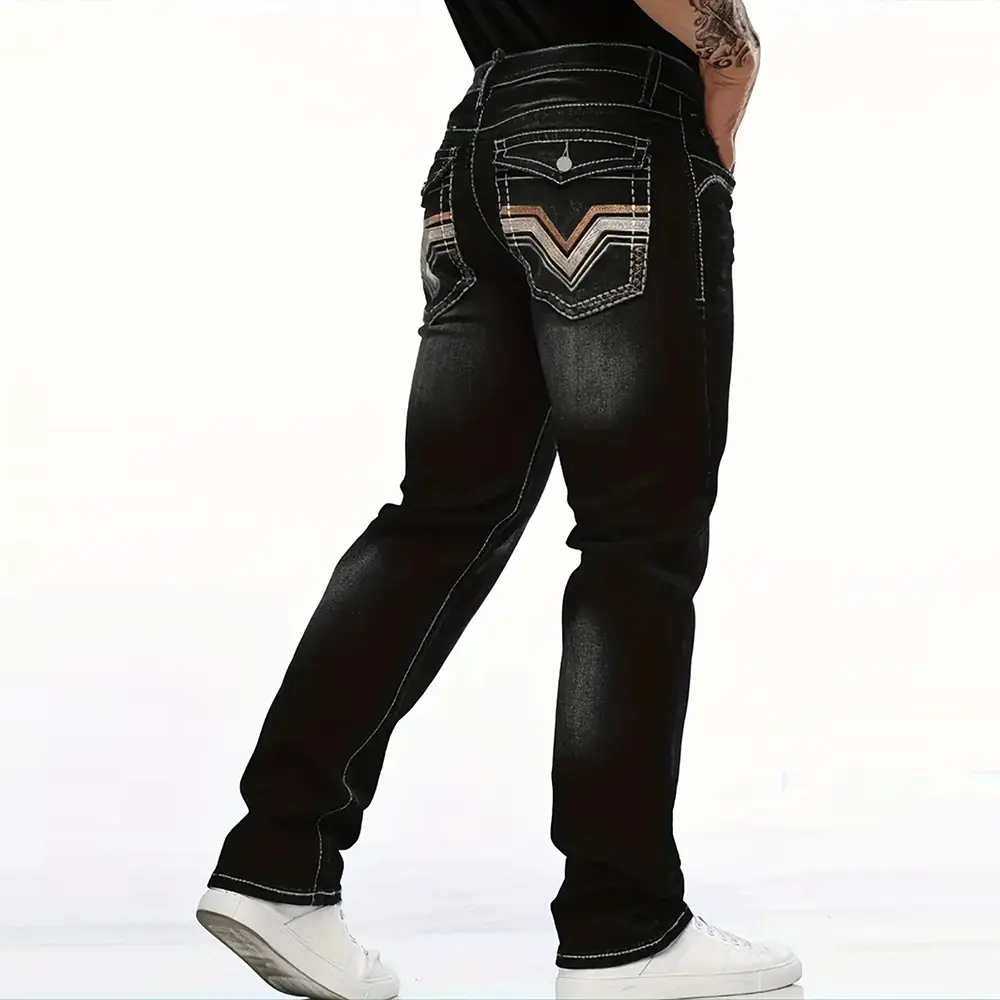 Men’s black straight-leg stretch jeans | Contrast topstitching design | Back pocket V-shaped patch panel | Classic street casual washed distressed long pants