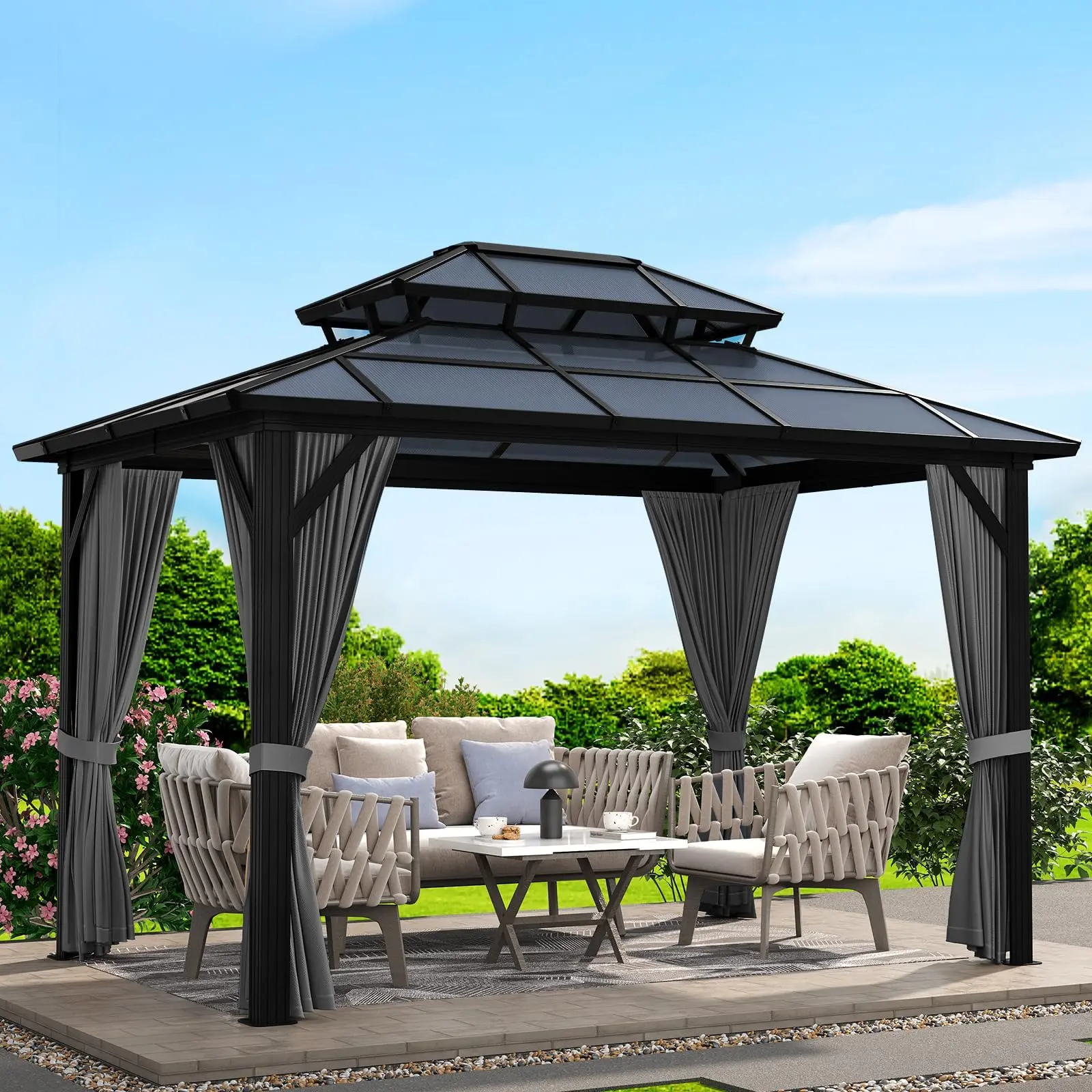 10x12 ft Permanent Hardtop Gazebo, Heavy-Duty Aluminum Outdoor Pavilion with Double Roof, Mosquito Netting, Waterproof Privacy Curtains & Accessory Hooks, Weather-Resistant Outdoor Living Shade Structure for Backyard
