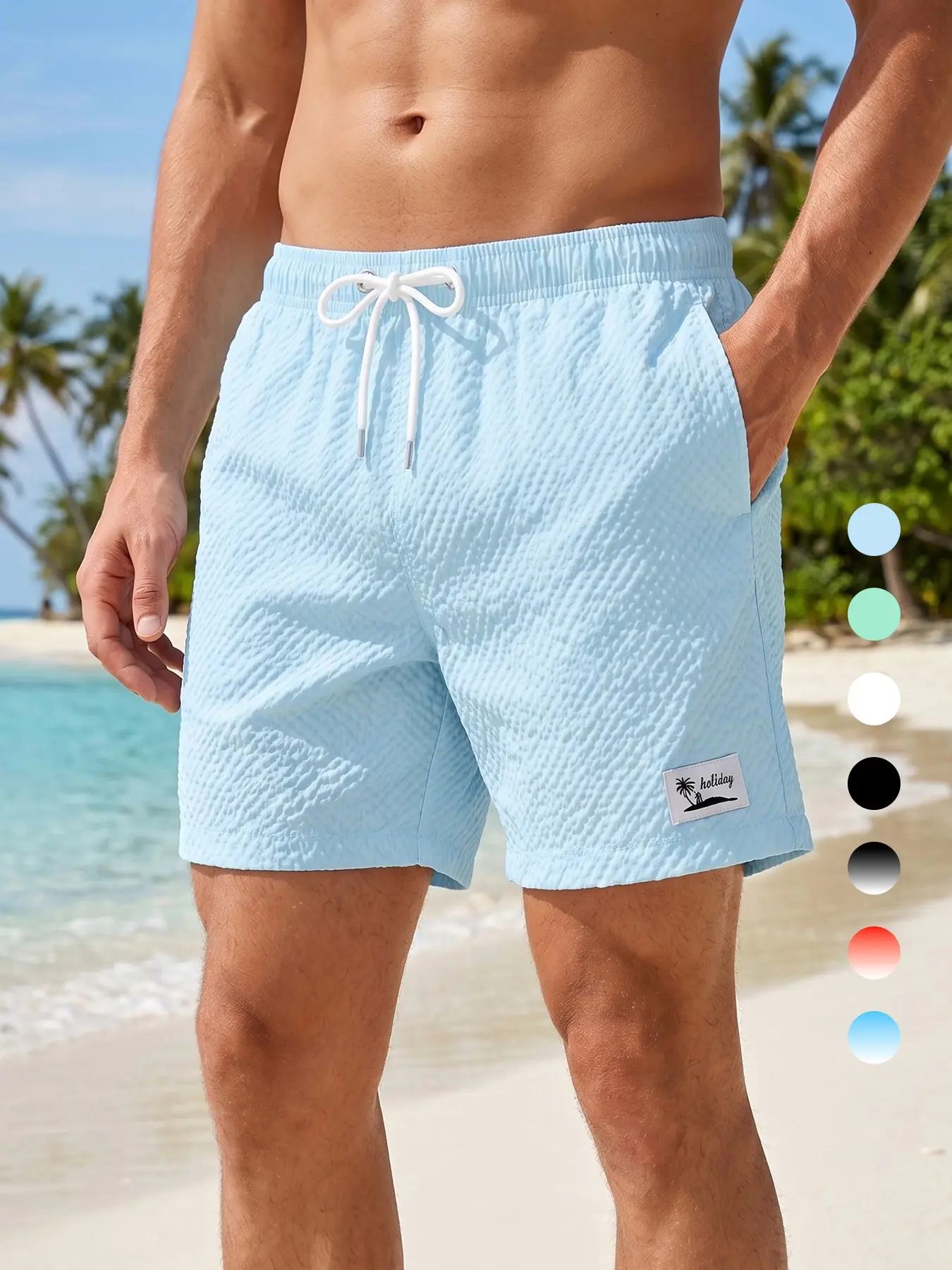 Men's Seersucker Beach Shorts with Triangular Mesh Lining, Summer Casual Board Shorts with 2 Side Pockets and 1 Back Pocket, Quick Dry Breathable Swim Shorts, Swimming Shorts, Swim Trunks, Swimwear Shorts, Drawstring Elastic Waistband
