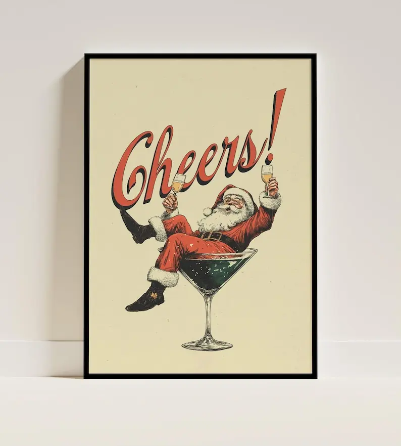 Santa Cheers Print, Vintage Christmas Prints, Digital Holiday Prints, Christmas Bar Poster