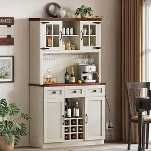 DWVO Coffee Bar Cabinet with Power Outlet/Lights, 72" Farmhouse Pantry Cabinet with Storage Shelves and 3 Drawers, Tall Liquor Cabinet Bar Cabinets for Home/Living Room