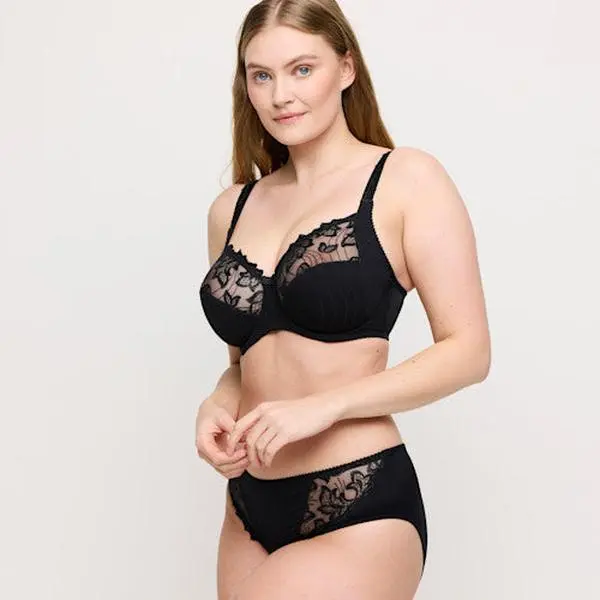 Women's Prima Donna Deauville Underwire Bra - Polyester-Cotton Blend Fabric with Elastane, 3-Section Embroidery Style, Optimal Fit, Hand Wash, Black, F/G/H Cups, Polyester Blend, Three-Section