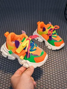 Fashion Rainbow Colorblock Lace-Up Sneakers for Kids, Thick Sole Dad Shoes, Girls' Casual Low Top Sports Shoes, Simple Stylish Design