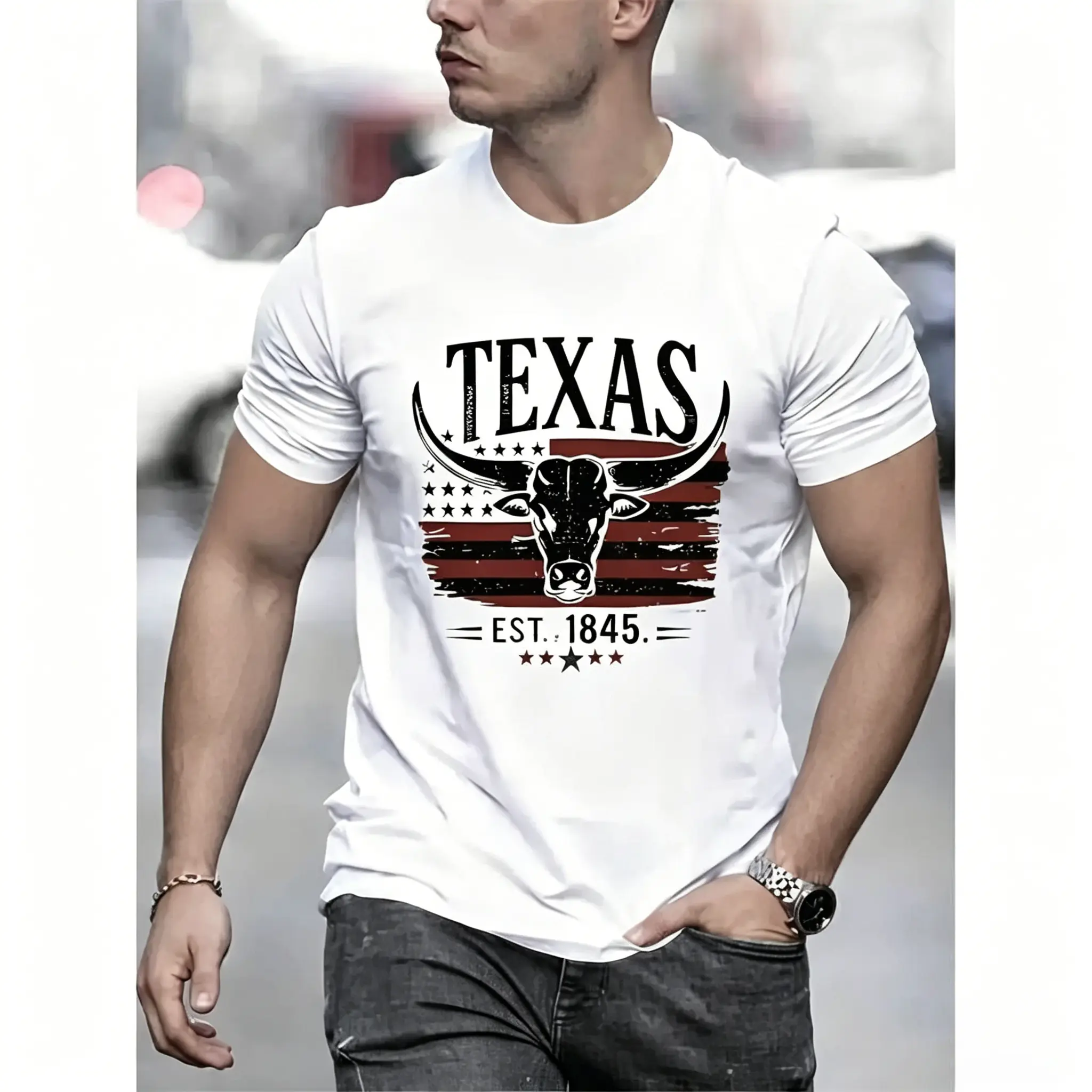 Men's Graphic T-Shirt, Vintage Chic Texas Bull Head Tropical Print Cotton Top with a Fitted Cut for Summer Streetwear, Club, Elegant, Tshirt, Shortsleeve, Street Style, Casual, Stylish, Round Neck, Fabric, Bull Print, Breathable, Holiday, Korean, Lightwei