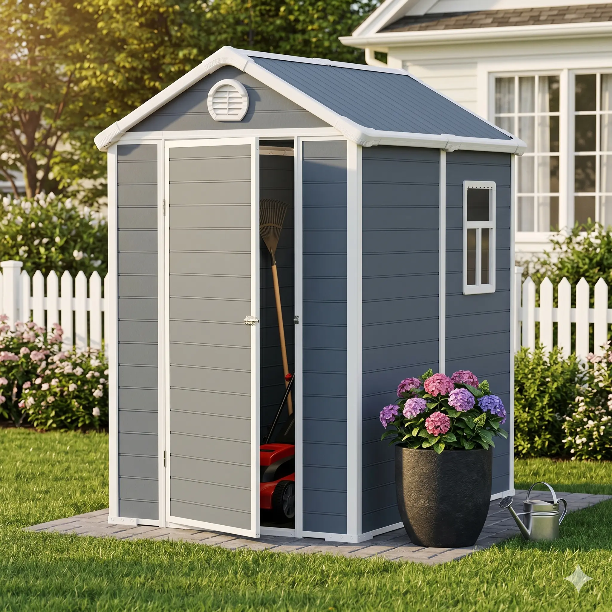 NOVIRE 2-in-1 Heavy Duty Plastic Outdoor Storage Shed - 6x4 Rectangular Heavy Duty Shed with Steel-Reinforced Rainproof Sunproof Roof, Solid Panels, Rugged Look, Maintenance-Free All-Weather Performance, Convertible for Garden Tools, Easy Setup