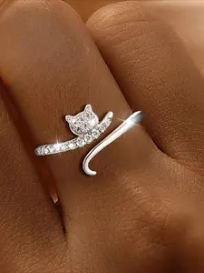 1pc Hypoallergenic Cat-Shaped Cubic Synthetic Zirconia Ring - Cute Kitten Paw Jewelry for &, Valentine' Gift, Casual Attire, Sensitive Skin, Year-Round Accessory Adjustable Rings Cubic Zirconia Rings