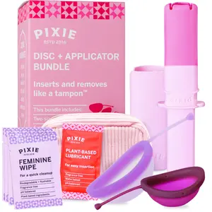 Pixie 2 Menstrual Discs and Applicator Bundle for Feminine Care - 100% Medical-Grade Silicone - Softest Reusable Period Disc - Inserts and Removes Like a Tampon - Capacity of 5 and 7 Tampons