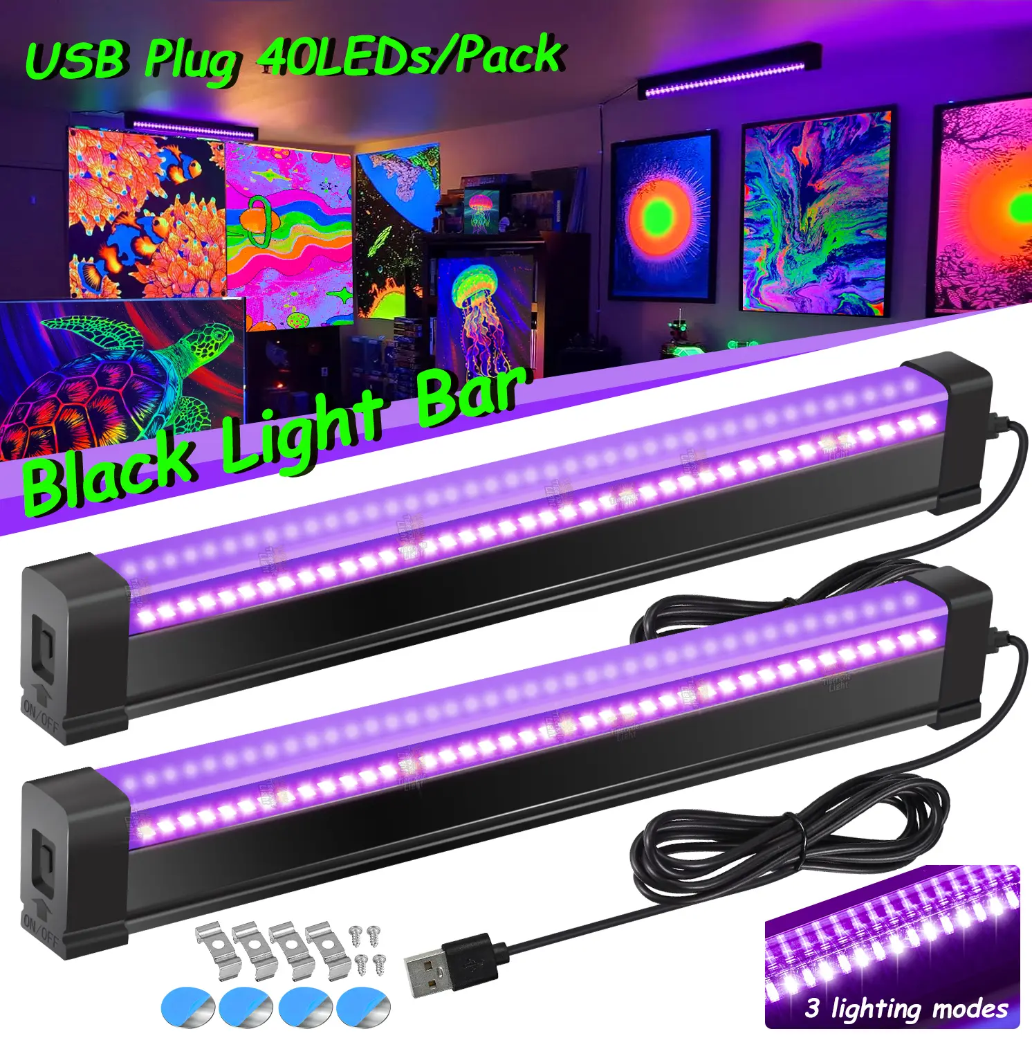 8W LED Black Light Bar 2-Pack (12.6in/32cm) with 3 Lighting Modes, Magnetic Clip, LED Strip, Glow Effect for Fluorescent Tape, Posters, Body Paint, UV Party Decorations, UV Light Specialty & Decorative Lighting