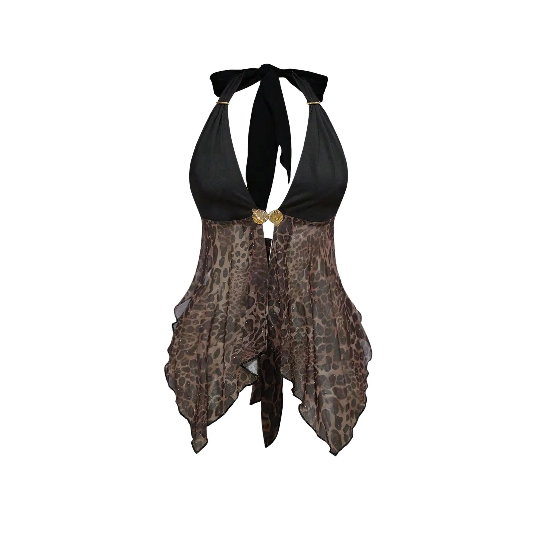 Retro Leopard Print Tank Top, Women's Sleeveless Halter Neck with Rhinestones, Comfortable Tight Fit Asymmetrical Hem for Casual Beach Parties, Short, Going Out Chic Tops, Coquette Animal Print Women's Tanks & Camis, Rhinestone And Metal Chain