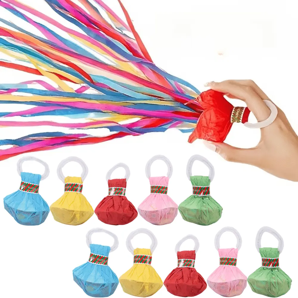 10-Pack Colorful No-Mess Paper Streamer Poppers with Ribbon, Specialty Hand Tool Festive Supplies, Hand-Throw Confetti Crackers, Party Props for Happy Birthday, Christmas (Gifts, Tools & Hardware Set)