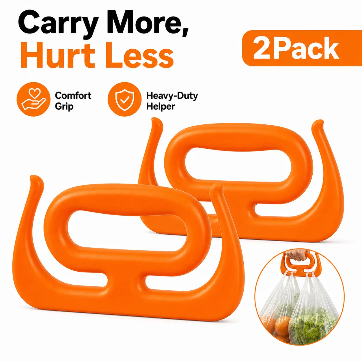2-Pack Grocery Bag Carrier Handle Holder, Heavy Duty Shopping Bag Grip, Multi-Purpose Reusable Bag Handle for Easy Carrying, portable labor-saving organizer, ergonomic multi-purpose lifting hook, Supports Up to 100 lbs Per Grip