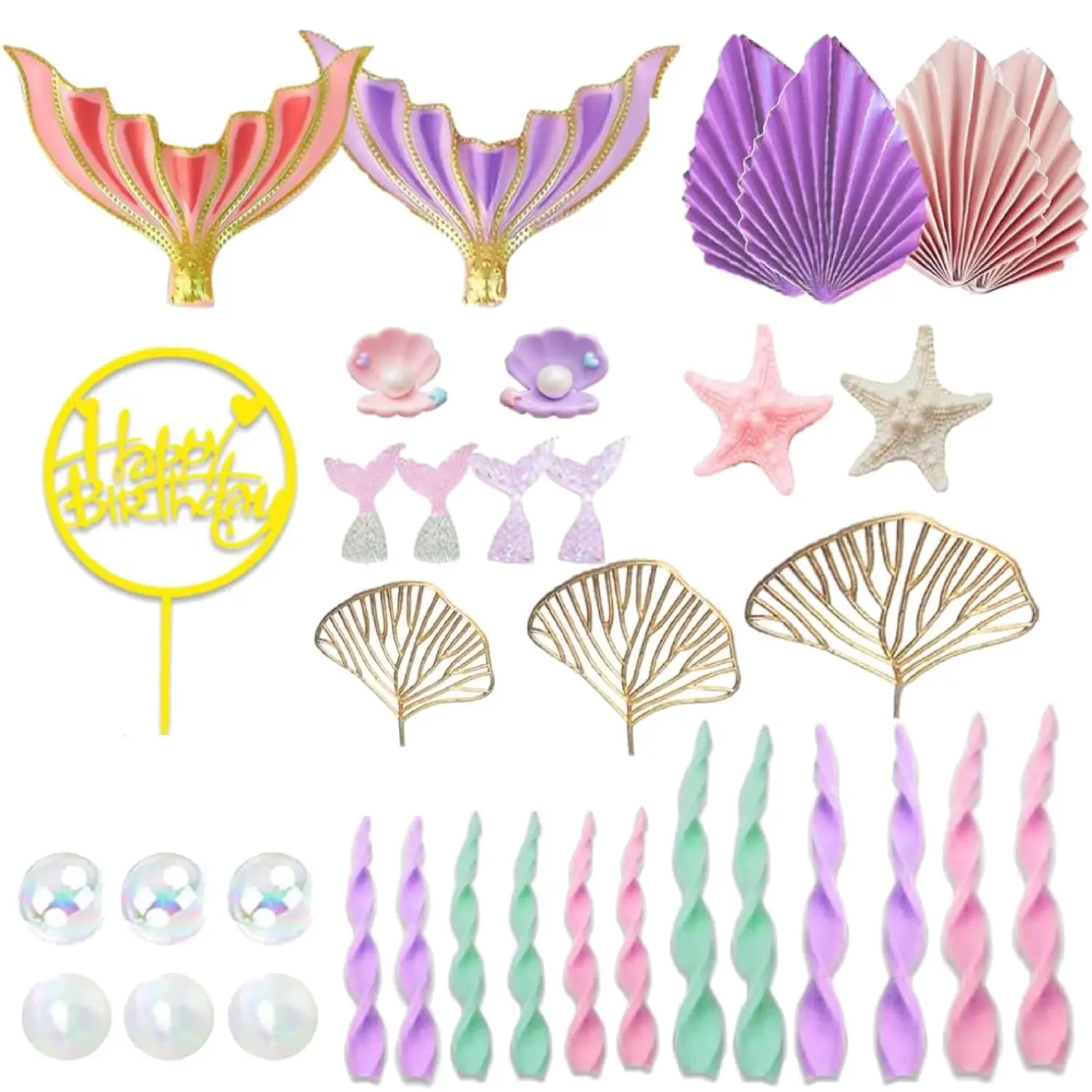 36-Piece Mermaid Thematic Cake Decoration Kit - Multi-Element Edible Wafer Paper Toppers for Baking Lovers, Includes Wand for Cupcake & Ocean Party, Bubble