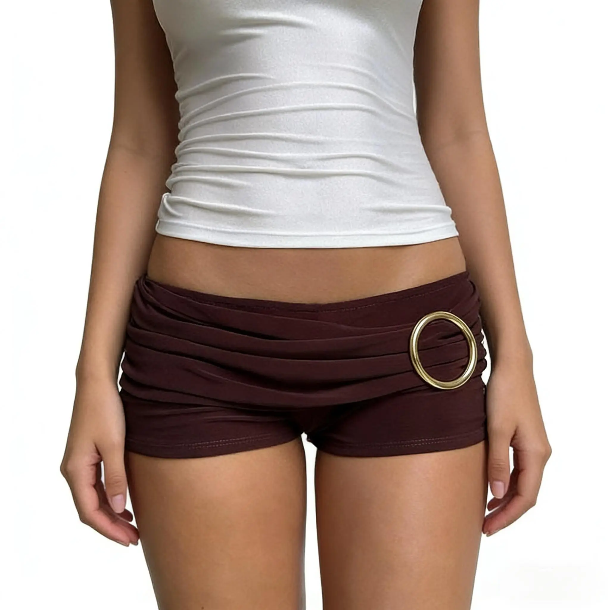 Women's Low-Rise Stretchy Soft Fabric Micro Shorts - Ruched, Brown, Metal Ring Accent, Casual Party Bottom - Lightweight 2026 Going Out Date Night Wear