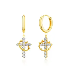 Tewiky Colorful Crown Cross Earrings For Women Dainty CZ Cross Pendant Earrings Hypoallergenic Non Tarnish Earrings Trendy Jewelry Christian Gift For Girls For Easter