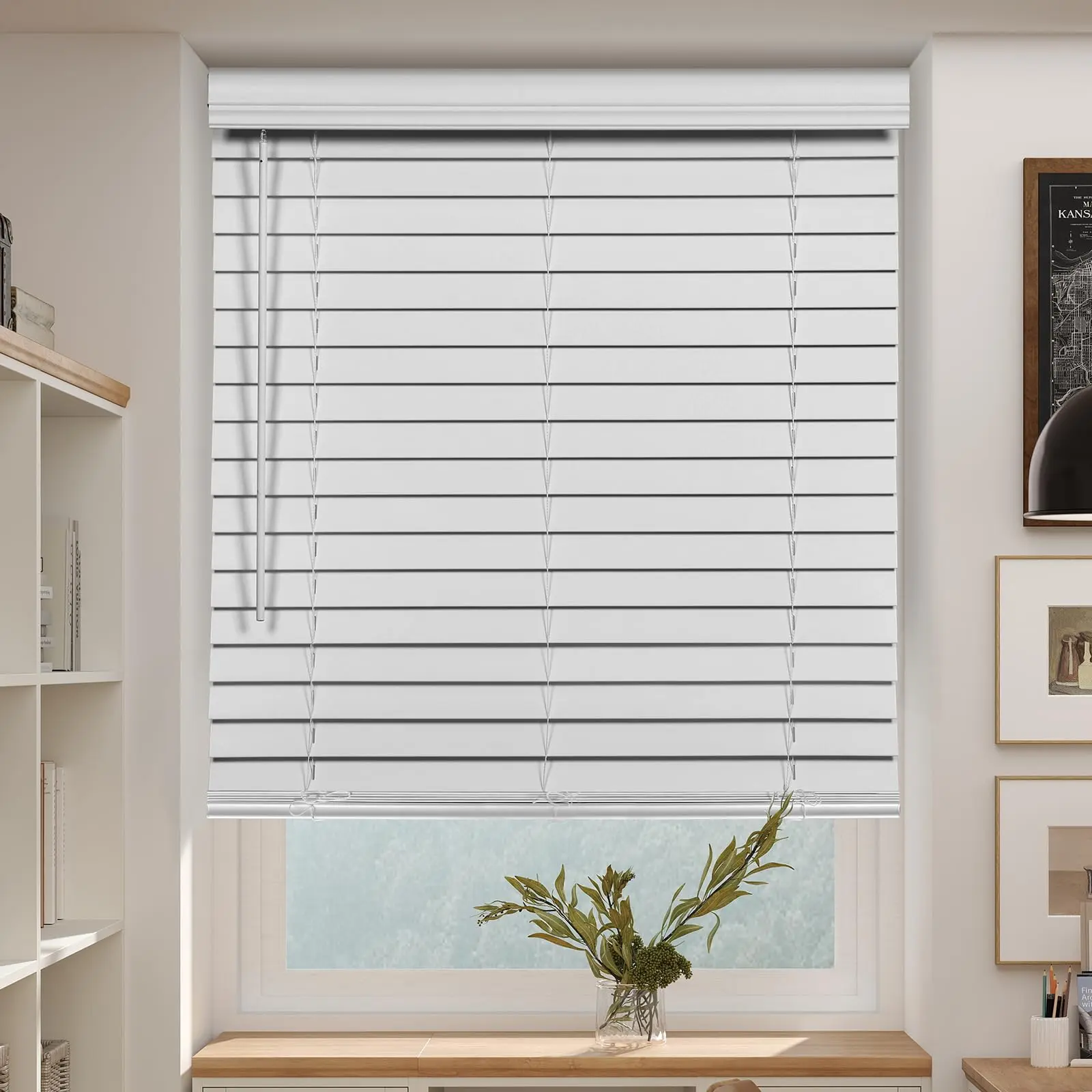 SEEYE 2 Inch Faux Wood Blinds for Indoor Windows with Crown Valance, Cordless Room Darkening Window Blind, 27" W x 60" H, Horizontal Wooden Shades for Bedroom, Kitchen, Office, Doors, White