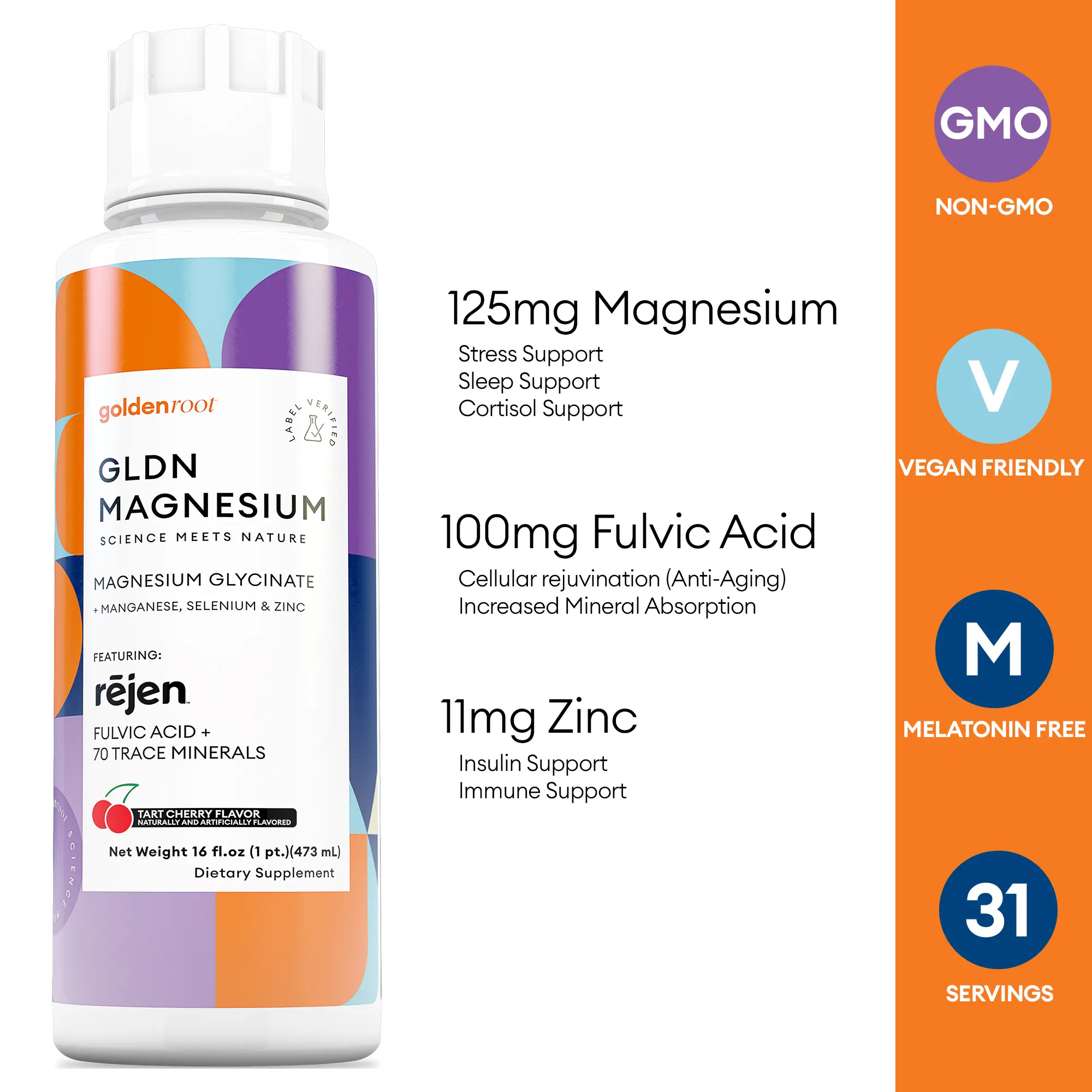 GLDN Magnesium - Sleep Support with 125mg Magnesium Glycinate for Stress Reduction & 100mg Fulvic Acid for Vitality - Liquid Supplement for Menopause Vitamins & Electrolyte Skin Hydration