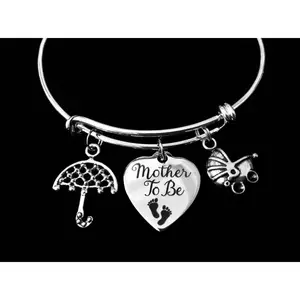 Mother to Be Umbrella Baby Carriage Silver Expandable Charm Bracelet Adjustable Wire Bangle New Mom Shower Gift